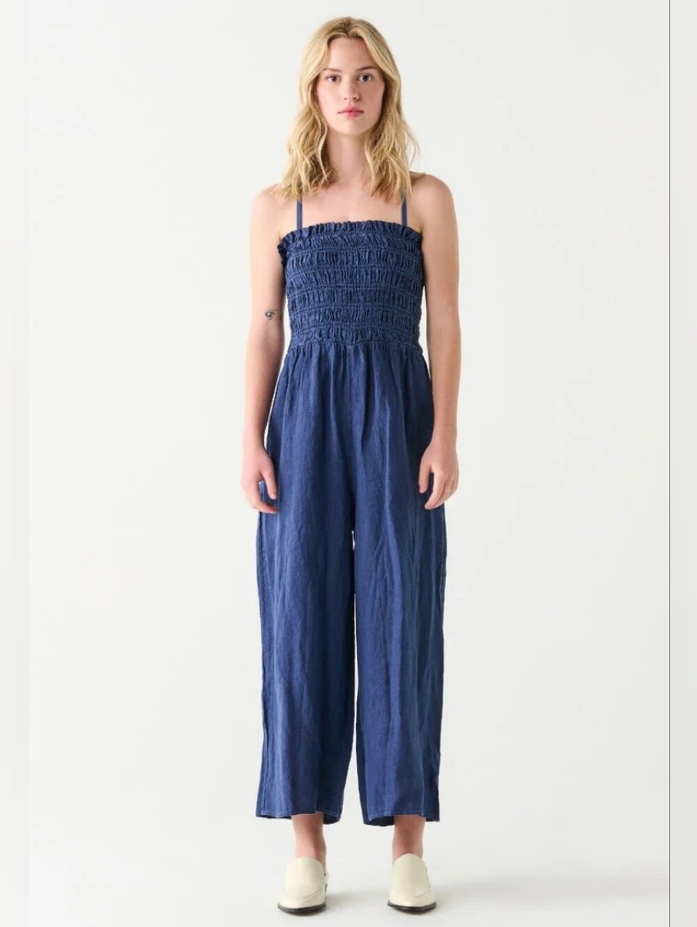 Dex Free People Smocked Navy Wide-Leg Jumpsuit Sz XL